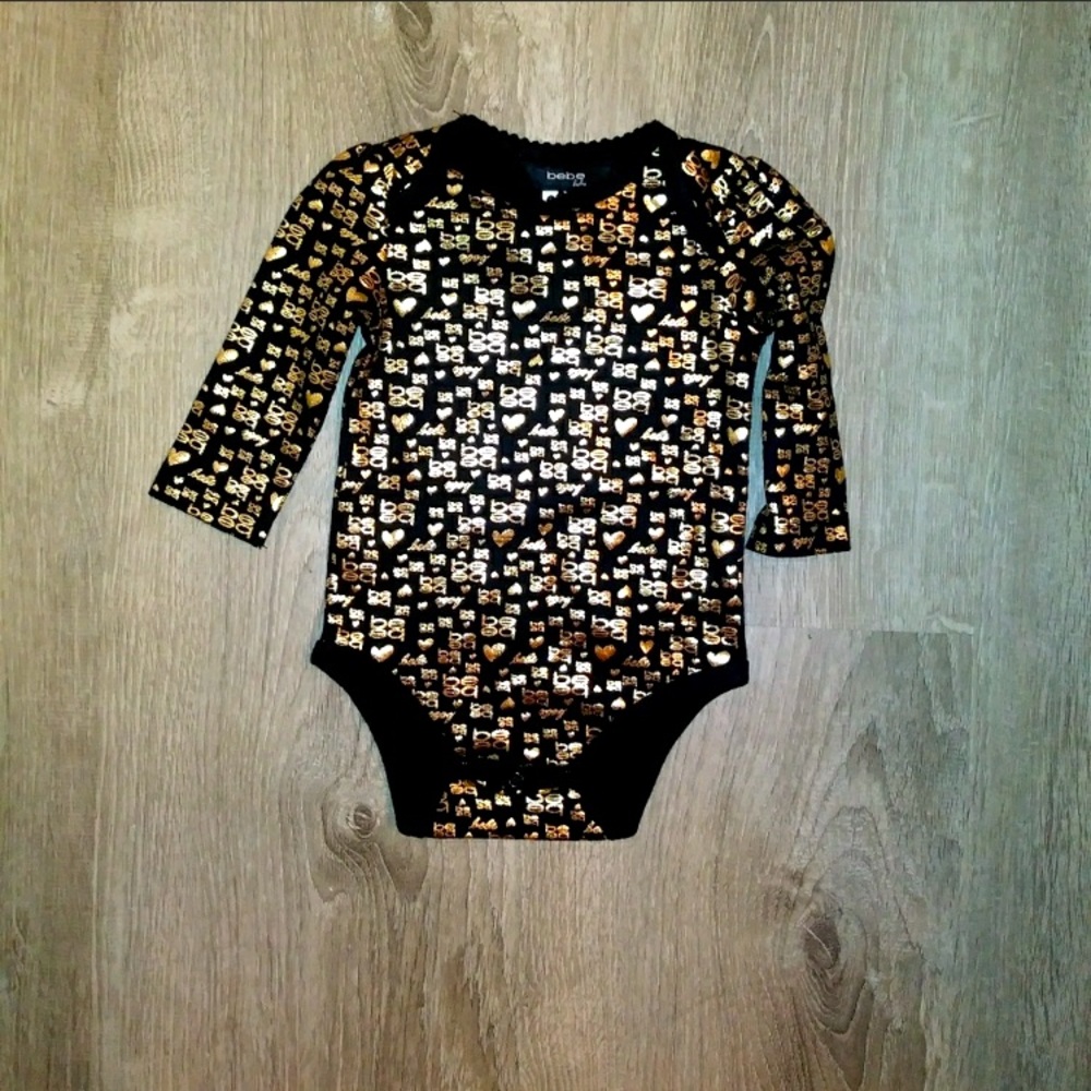 Bebe gold signature logo heart 3/6 months long sleeve onesie